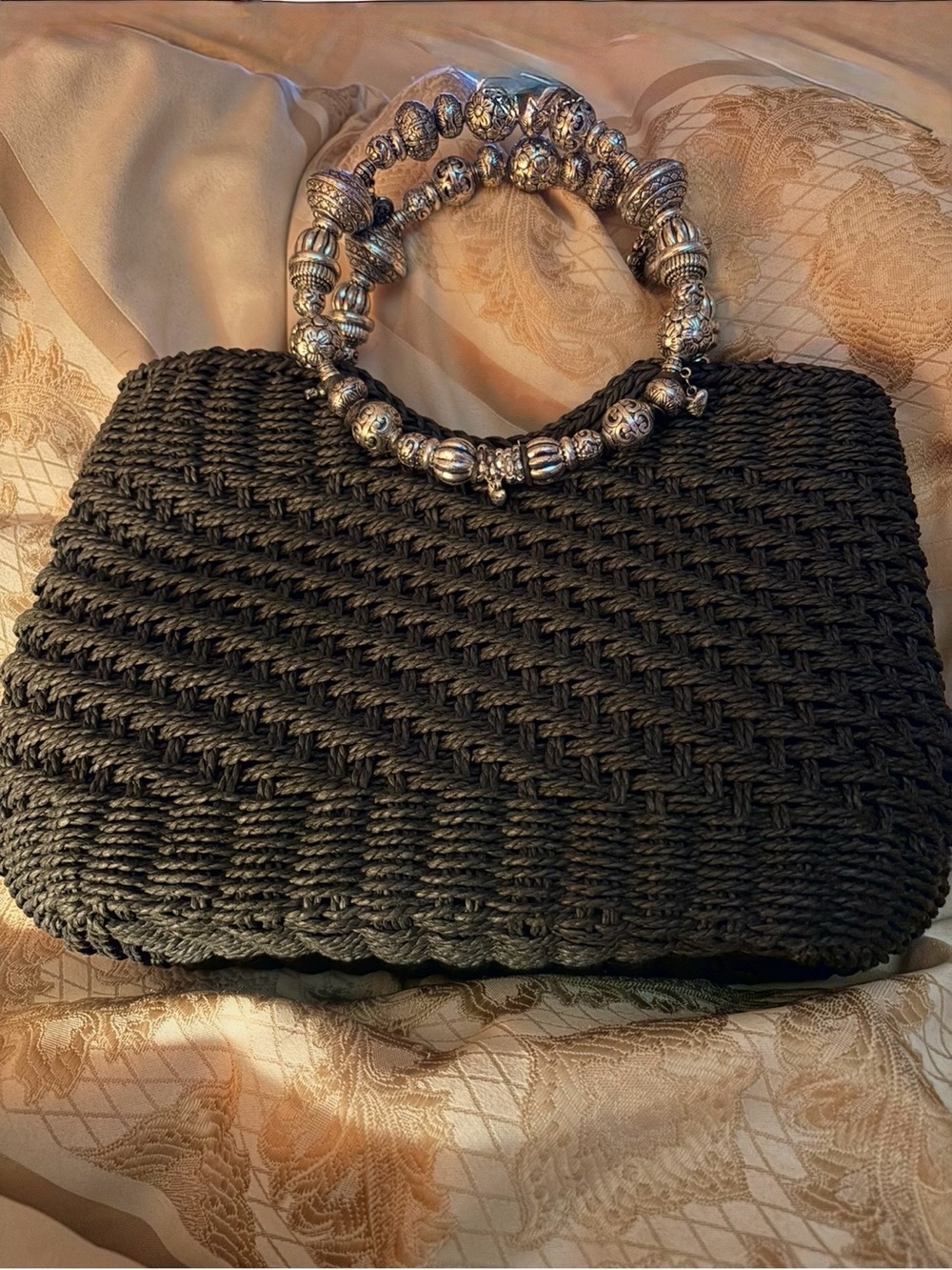 New Capelli of New York Black Woven Shoulder Bag with Silver Beaded Handles.